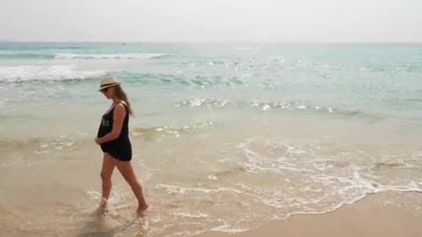 在海滩上的准妈妈。沿着海边行走的孕妇 — 图库视频影像