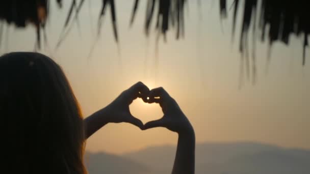 Frau Silhouette macht Herz mit ihren Händen über Meer Hintergrund. — Stockvideo