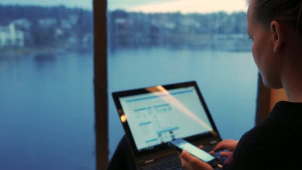 Vrouw met laptop voor internet surfen, tijdens ferry boottocht — Stockvideo