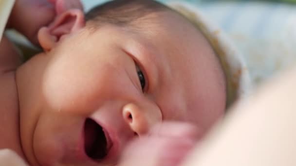 Awakend baby geeuw en beginnen te huilen — Stockvideo