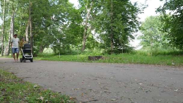 Ung familj med ett barn i barnvagn promenader i en sommar park — Stockvideo