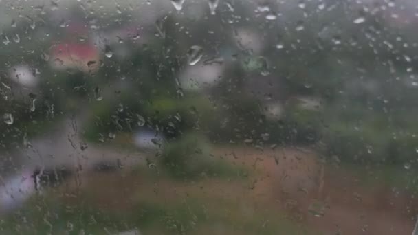 Starker Schauer an einem Sommertag. Linsenfokus verlagert sich von Wassertropfen auf einem Glas auf die Landschaft außerhalb des Fensters — Stockvideo