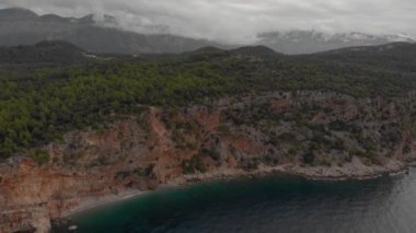 Uzun kayalık sahil şeridi. Tepesinde orman olan bir deniz kıyısında dik bir uçurum. Bulutlu