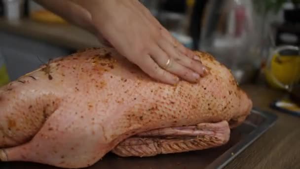 Muž masíruje vycpanou husu s hořčicí a kořením, než ji upeče v troubě — Stock video