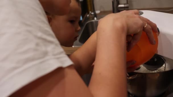 Мать наливает сахар в высушенные яйца, а ее малыш смотрит, как работает миксер. Сделать сладкий белый крем вместе — стоковое видео