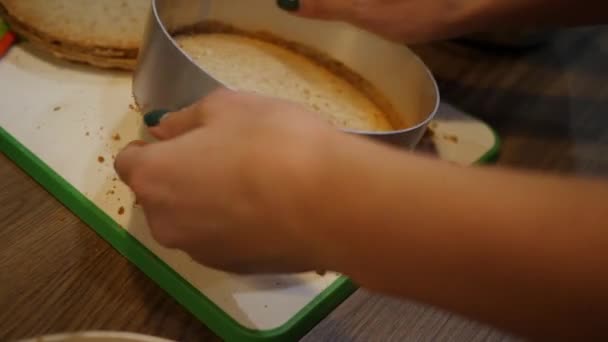 Baker taglia il tondo e lo mette sulla torta a strati di crema. Vista dall'alto su tavolo e mani femminili — Video Stock