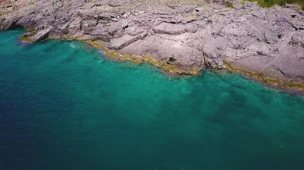 Açık Adriyatik Denizi 'nin kayalık kıyısı. Deniz dibi turkuaz su sayesinde canlı. Hava görüntüsü