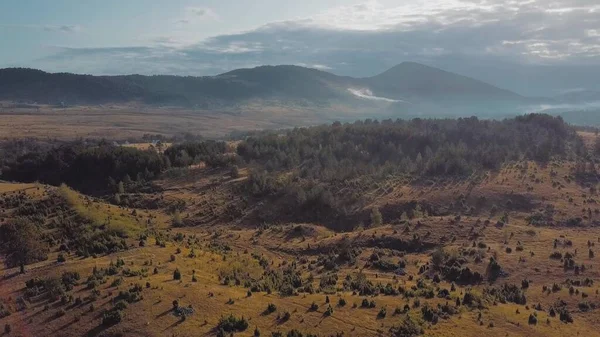 Ağaçlık tepenin üzerinde gün batımı ve uzaktaki sisli dağlar. Hava görünümü
