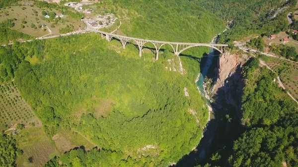 Durdevica Tara 'nın dağ nehri üzerindeki kemer köprüsünün hava manzarası. Avrupa 'nın en yüksek otomobil köprülerinden biri.