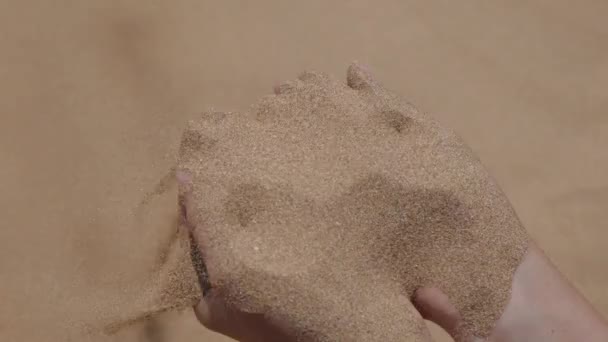 沙子从女孩手臂落下。风取下发送从手. — 图库视频影像