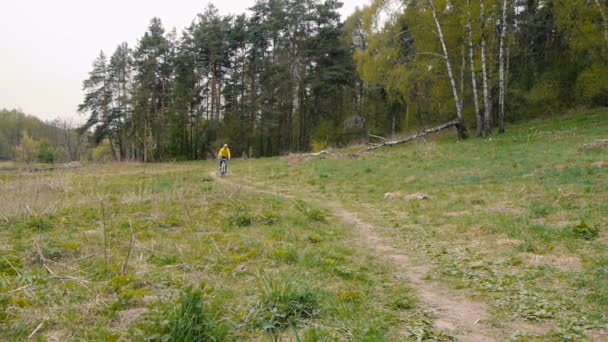 Cara monta uma bicicleta em um caminho na floresta — Vídeo de Stock