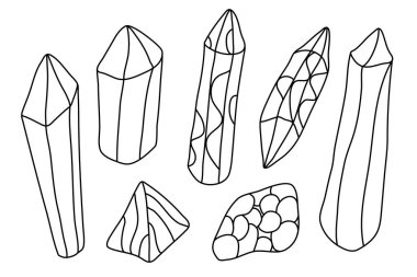 Karalama çizim tarzında kristallerle ayarlanmış. Alternatif tıp. İzole edilmiş dış hat. Beyaz arkaplanda siyah mürekkeple el çizimi vektör çizimi.