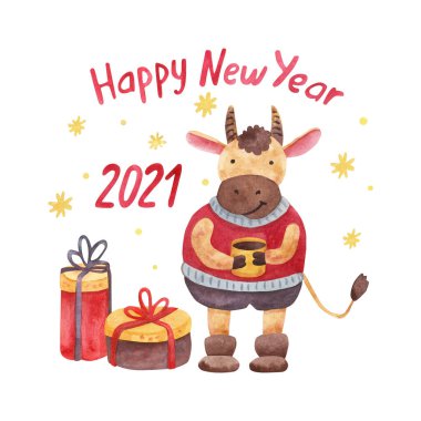 Bir kupa çay, kahve ve hediye kutularıyla suluboya sevimli, neşeli bir boğa. Öküz yılı. Beyaza izole edilmiş elle boyanmış bir resim. Mutlu yeni yıl mektupları. Çin Yeni Yıl tebrik kartı.