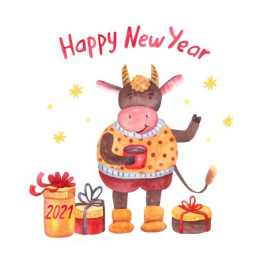 Bir kupa çay, kahve ve hediye kutularıyla suluboya, neşeli bir boğa. Samimi bir kazak. Öküz yılı. Beyaza izole edilmiş elle boyanmış bir resim. Mutlu yeni yıl mektupları. Çin Yeni Yıl tebrik kartı