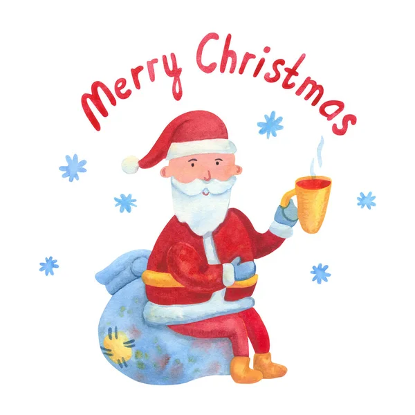 Merry Christmas Greeting Card Cute Cheerful Santa Holding Mug Tea — Stock Photo, Image