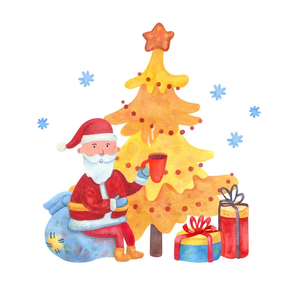 Christmas poster with cute cheerful Santa holding a mug of tea or mulled wine. He sits on a bag with gifts near Christmas tree. Watercolor illustration isolated on white. It\'s snowy and he\'s happy.