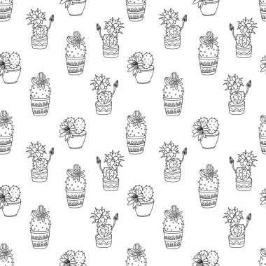 Şekillerle süslenmiş saksılarda sulu kaktüsler açan vektörsüz desen. Çizim stili karalama. Siyah özet. Kapaklar, ambalaj kağıtları, kumaşlar için harika..