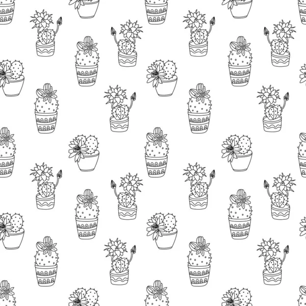Vektor Zökkenőmentes Minta Virágzó Zamatos Kaktuszok Edényekben Díszített Minták Doodle — Stock Vector