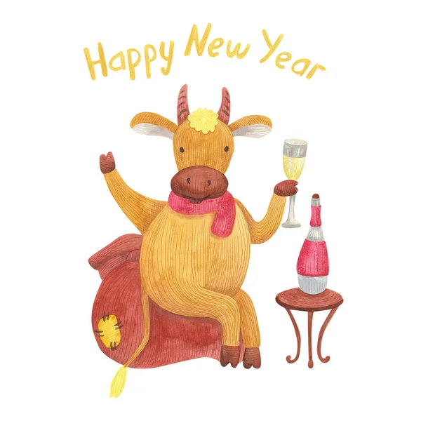 Šťastný Nový Rok Přání Roztomilým Veselým Býkem Nebo Krávou Pití — Stock fotografie