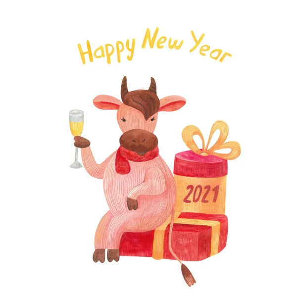 Καλή Χρονιά Ευχετήρια Κάρτα Ένα Χαριτωμένο Χαρούμενο Ταύρο Αγελάδα Πίνοντας — Φωτογραφία Αρχείου