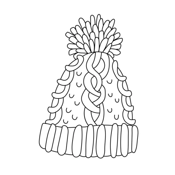 Милая Вязаная Шляпа Большим Помпоном Стиле Каракулей Изолированный Черный Контур — стоковый вектор