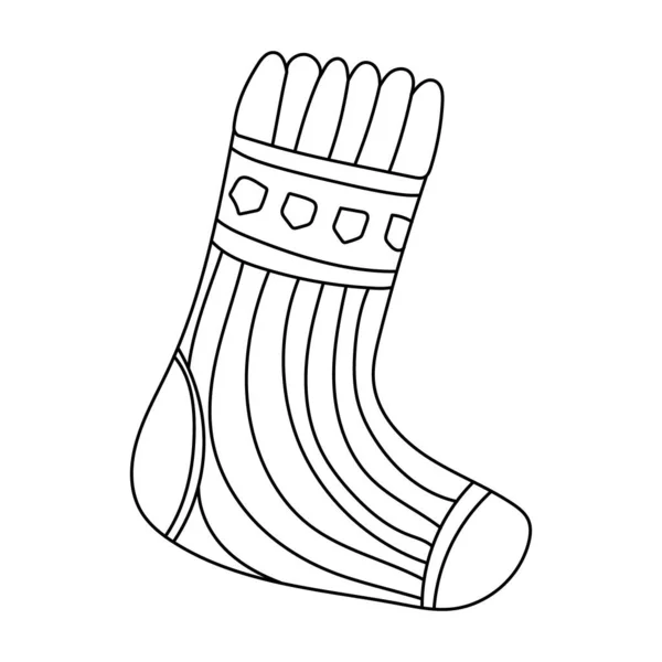 Cute Striped Sock Doodle Sketch Style Isolated Black Outline Hand — Stock Vector