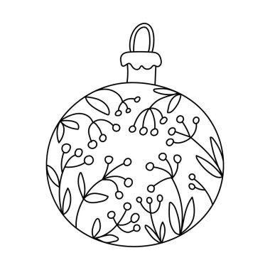 El yapımı Noel mücevheri beyazda izole edilmiş. Karalama çizim tarzında bir Xmas topunun vektör çizimi, siyah hatlı. Yılbaşı ve Noel tebrik kartları için harika..