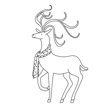 Güzel bir Noel geyiği, eşarpla süslenmiş, karalama çizimi tarzında. Beyaz arkaplana vektör el çizimi. İzole edilmiş siyah çizgiler. Tebrik kartı tasarımı için harika.