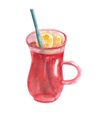 Portakal dilimleriyle süslenmiş suluboya şarap bardağı. Beyaz arka planda izole edilmiş elle boyanmış bir resim. Sıcak kış ve ev. Sıcak şarap, punç ya da sıcak alkol.