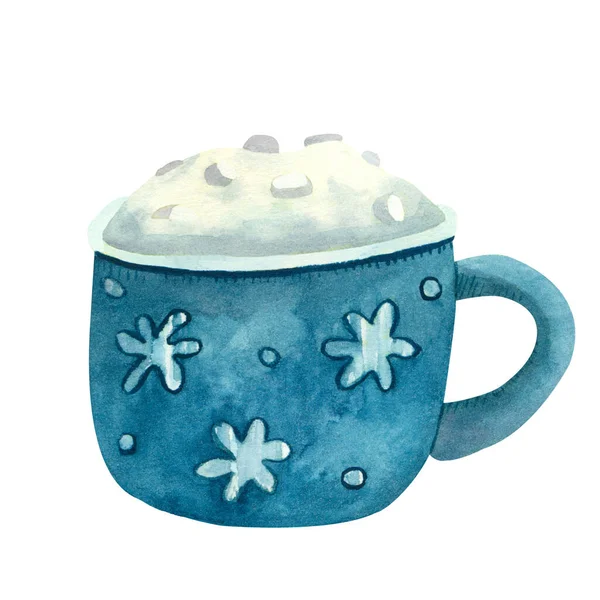 Taza Capuchino Acuarela Decorada Con Copos Nieve Ilustración Pintada Mano — Foto de Stock