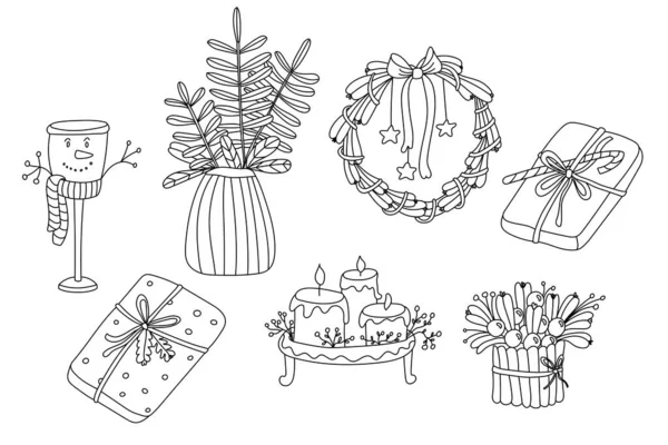 设置圣诞装饰涂鸦素描风格 托盘上的可爱的蜡烛 礼品盒 玻璃雪人 花瓶中的云杉枝条 手绘矢量图以白色隔开 黑色轮廓 — 图库矢量图片