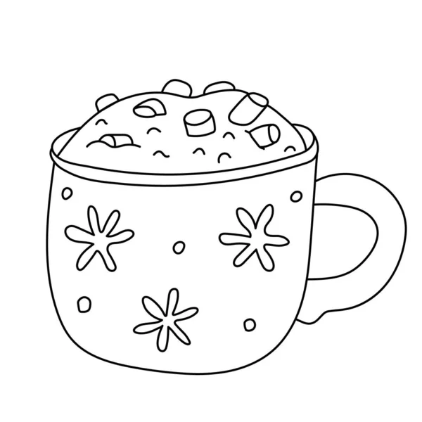 用雪花装饰的卡布奇诺杯子 涂鸦手绘了一个用奶油和棉花糖装饰的可可杯的例子 被白色背景隔离 黑色轮廓 温暖的冬天 — 图库矢量图片
