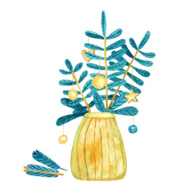 Watercolor spruce branches in a yellow gold vase. Christmas tree twigs bouquet decorated with star, christmas baubles, hearts. Hand painted illustration isolated on white background. For greeting card