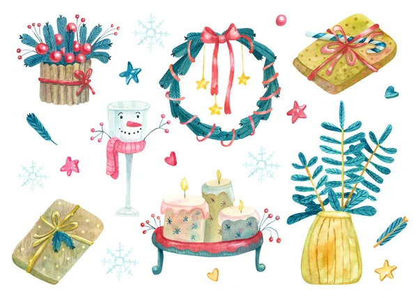 Watercolor Set Colorful Christmas Decorations Cute Candles Tray Gift Box — 图库照片