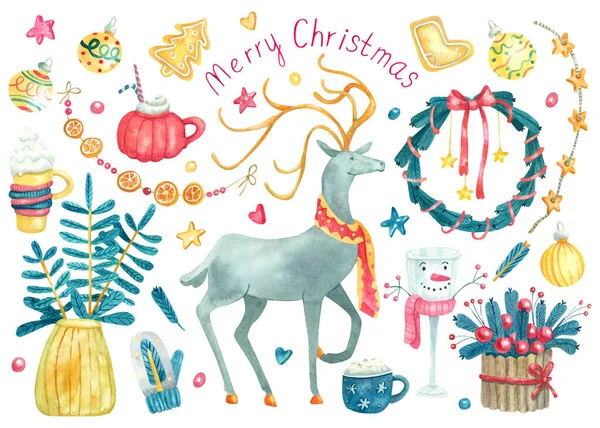 带有圣诞装饰 甜食和饮料的水彩画大套装 黄金灌木 可爱的杯子 手绘的插图孤立在白色上 圣诞节的设计 — 图库照片