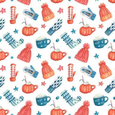 Suluboya desensiz, örülmüş kalın giysiler, sıcak kahve içecekleri. Renkli şapkalar, eldivenler, beyaz çoraplar. Kış ya da Noel tekstili. Çocuklar, bebek bezleri, ambalaj kağıtları, kapaklar için harika..