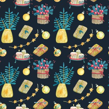 Tepside şirin mumlar, hediye kutuları, çelenkler, altın mücevherler, karanlıkta vazoda ladin dalları olan suluboya desenleri. Noel tekstili. Kumaşlar, ambalaj kağıtları, kapaklar, Xmas tasarımı için harika..