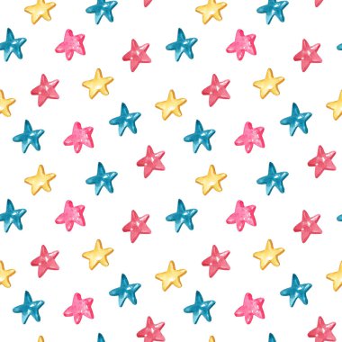 Beyaz arka planda parlayan yıldızların şekerlemelerine sahip suluboya desenleri. Güzel Noel tekstili. Kumaşlar, ambalaj kağıtları, örtüler, çocuklar ve bebek kıyafetleri için harika..