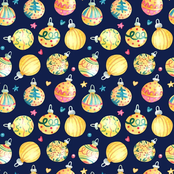 Watercolor Seamless Pattern Shining Gold Christmas Baubles Balls Deep Blue — Stock Photo, Image