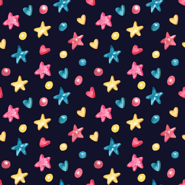 Akvarel Bezešvný Vzor Zářící Hvězdy Tvaru Cukroví Karamelové Dragees Tmavém — Stock fotografie