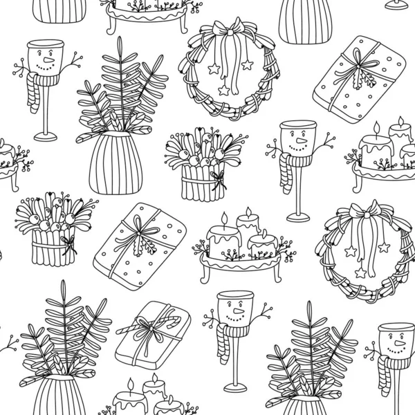 Vector Doodle Patrón Sin Costura Navidad Con Velas Lindas Bandeja — Archivo Imágenes Vectoriales