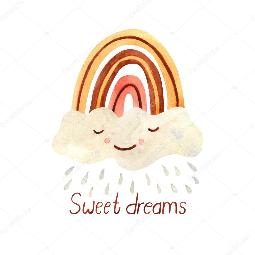 Watercolor poster with sleeping raining rainbow decorated with a cute cloud. Sweet dreams lettering. Great for kids playroom, bedroom, nursery decoration. Illustration isolated on white. Muted colors.