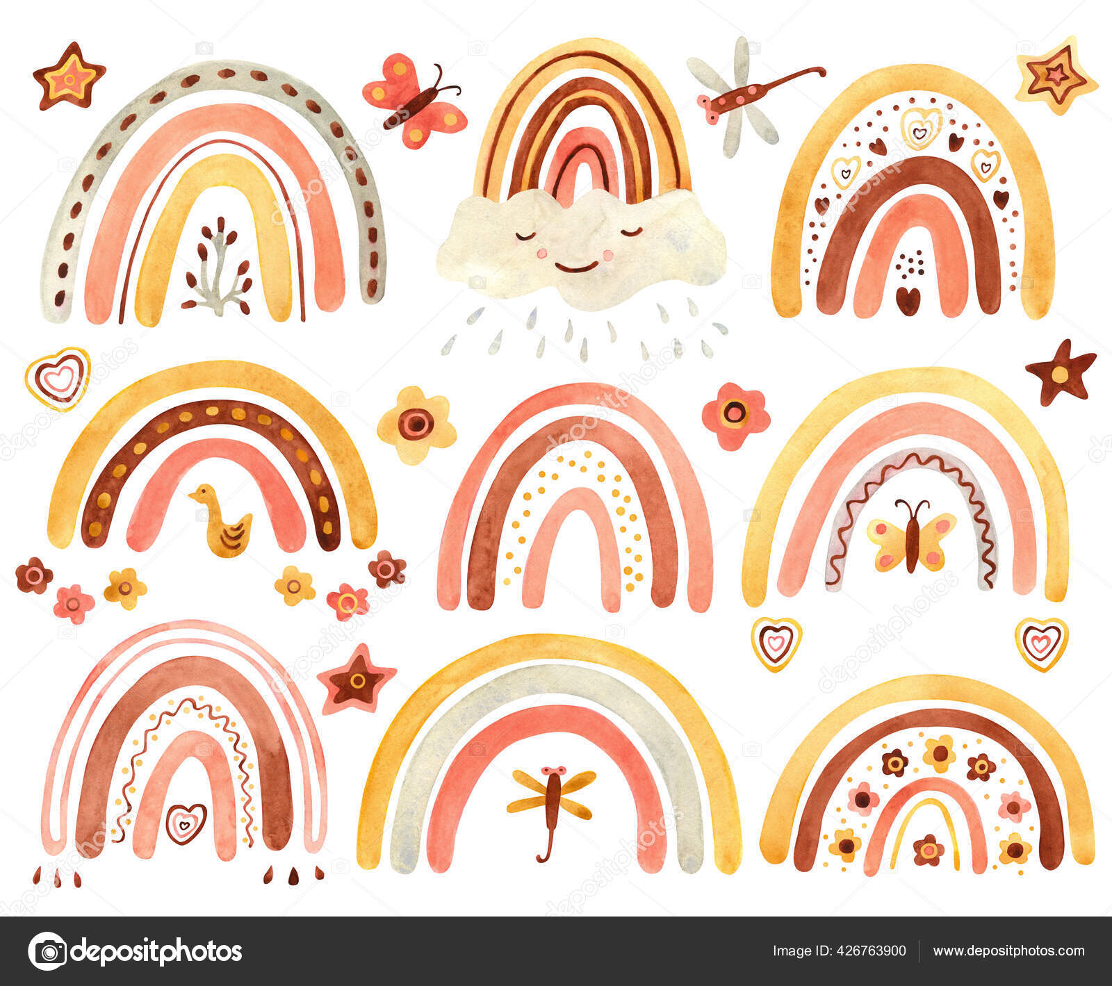 Watercolor Clipart Cute Boho Rainbows Decorated Dragonfly Butterfly Hearts Flowers Royalty Free Photo Stock Image By C Druzhania 426763900