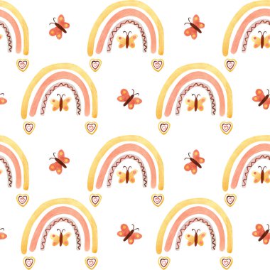 Gökkuşağı, kelebek, beyaz üzerine çiçek desenli suluboya desen. Çocukların oyun odası, çocuk odası, duvar kağıtları, kumaşlar için mükemmel bir dekorasyon. Dünya sessiz renklerle kaplandı. Paket kağıtları, kapaklar, tekstil. 