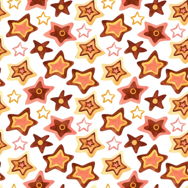 Watercolor seamless pattern with  stars on white. Perfect decoration for kids playroom and bedroom, wallpapers, fabrics. Earth colors. Wrapping papers, covers, textile. Hand  painted illustration.