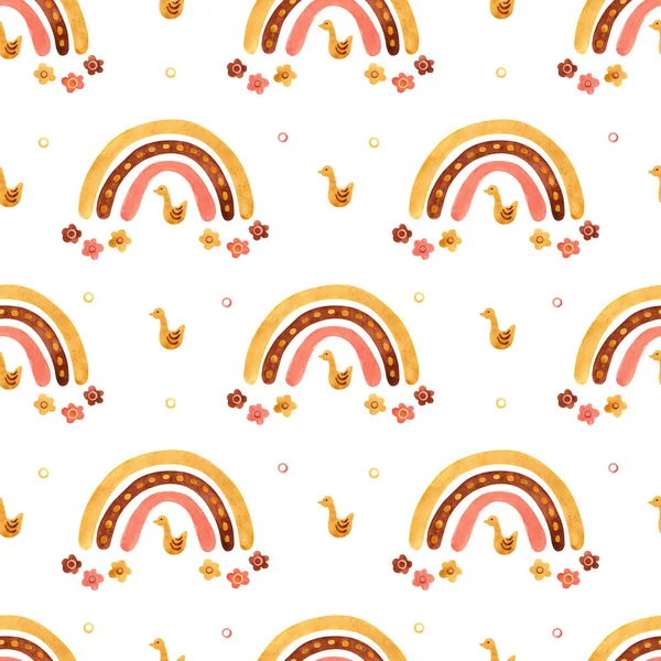 Watercolor Seamless Pattern Rainbows Flowers Little Ducks White Perfect Decoration — Stock Photo, Image