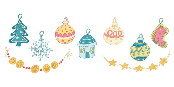 Χρώμα Doodle Σετ Χριστουγεννιάτικα Στολίδια Μπομπλ Διακοσμημένα Σχέδια Γιρλάντες Μελόψωμο — Διανυσματικό Αρχείο
