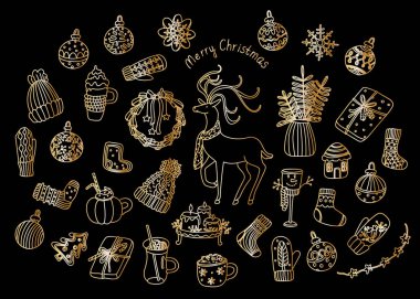 Altın Noel süslemeleri karalama tarzında. Tepside sevimli mumlar, hediye kutusu, çelenk, cam kardan adam, vazoda ladin dalları. Elle çizilmiş vektör çizimi siyah üzerine izole edilmiş. Altın özet.
