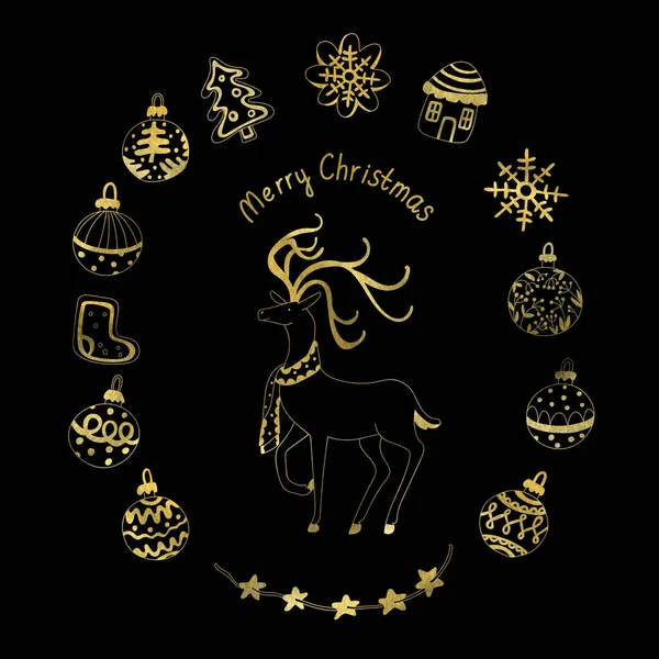 Golden Christmas Set Doodle Style Cute Deer Xmas Balls Baubles — Stock Photo, Image