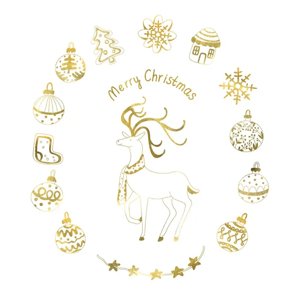 金色圣诞套装为涂鸦风格 可爱的鹿 圣诞球或灌木 白色背景上的水彩画 黄金轮廓 假日设计 — 图库照片